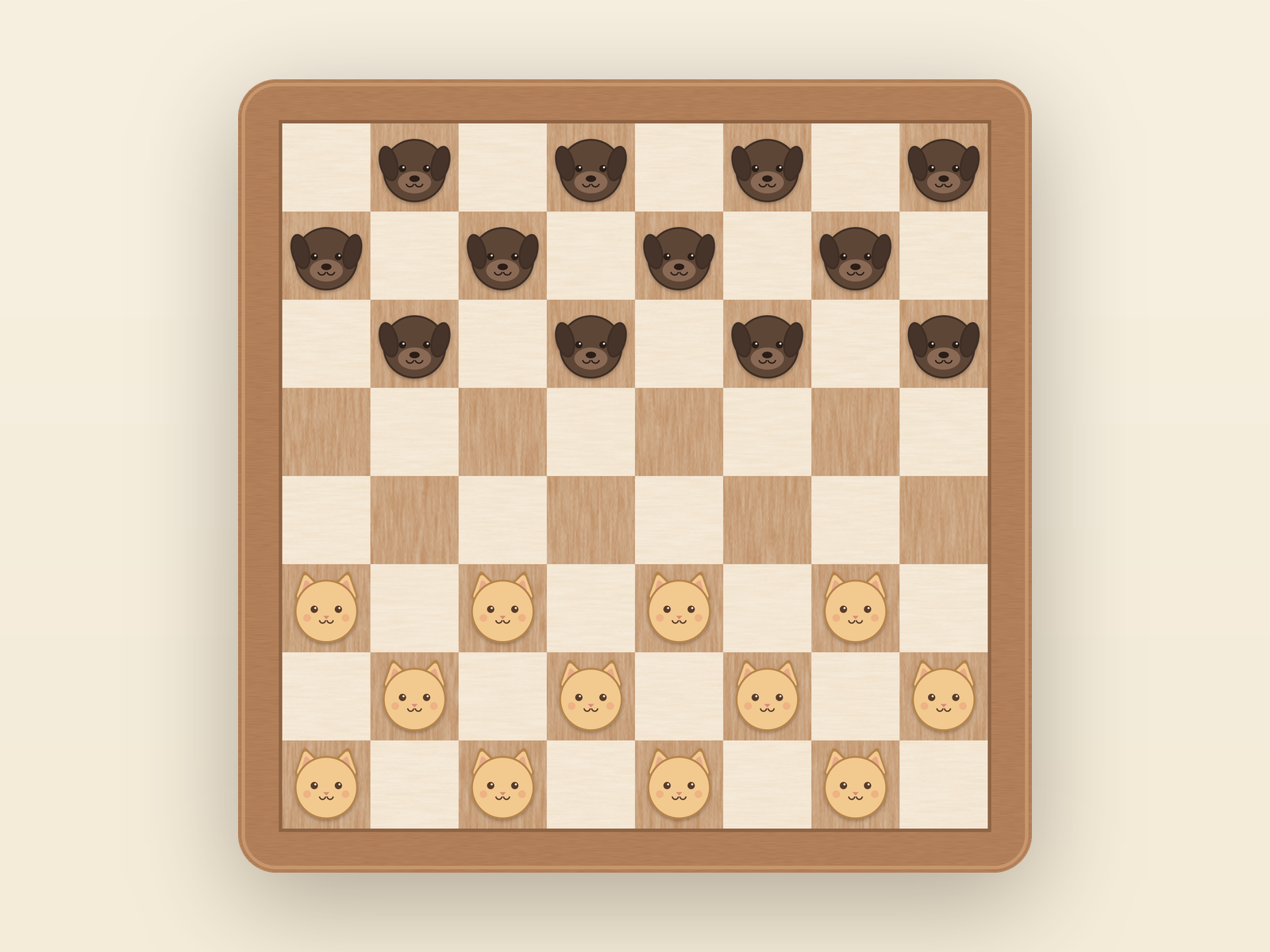 Checkers board in the Pets look, with cat and dog pieces
