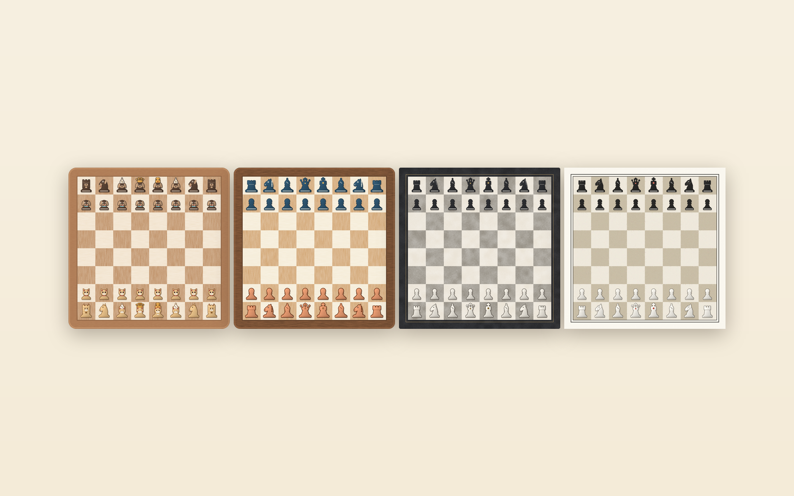 Chess in four looks: Pets, Playful, Classic and Paper